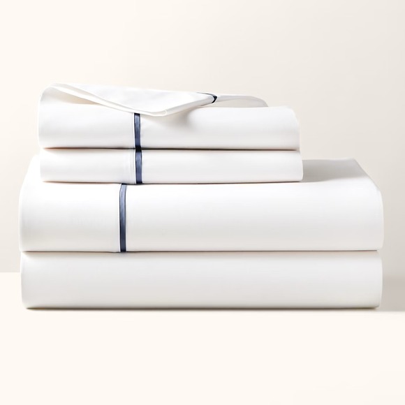 Ralph Lauren Palmer Percale Queen Flat Sheet Polo Navy Trim Organic Cotton NEW - Picture 1 of 5